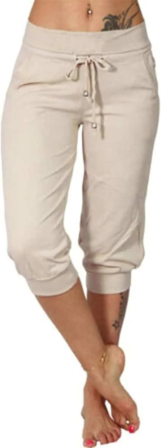 Capri Pants for Women Summer Casual Stretchy Low Rise Yoga Legging Slim Fitting Drawstring Joggers with Pockets