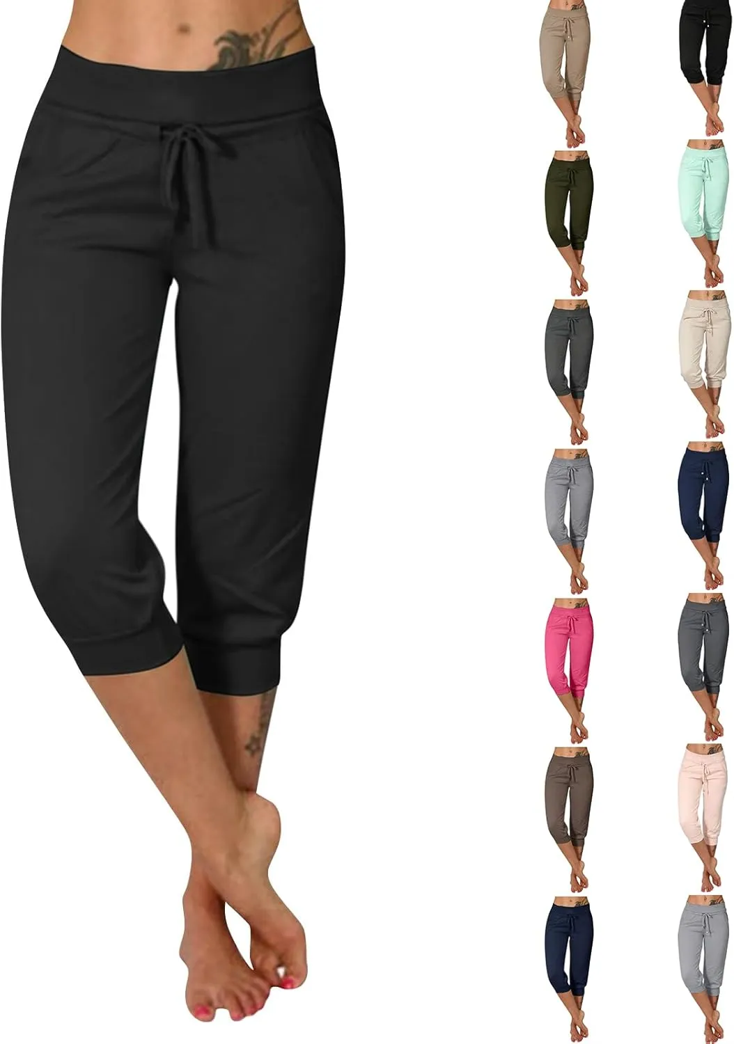 Capri Pants for Women Summer Casual Stretchy Low Rise Yoga Legging Slim Fitting Drawstring Joggers with Pockets