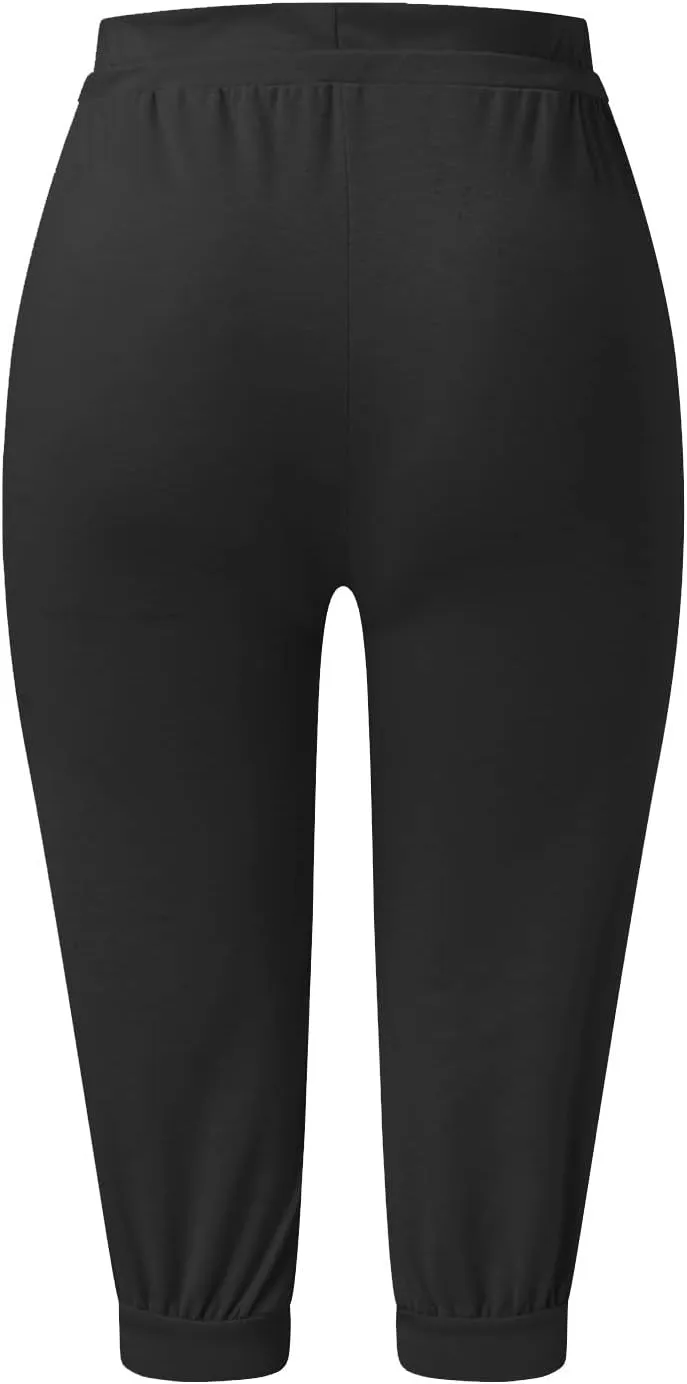 Capri Pants for Women Summer Casual Stretchy Low Rise Yoga Legging Slim Fitting Drawstring Joggers with Pockets