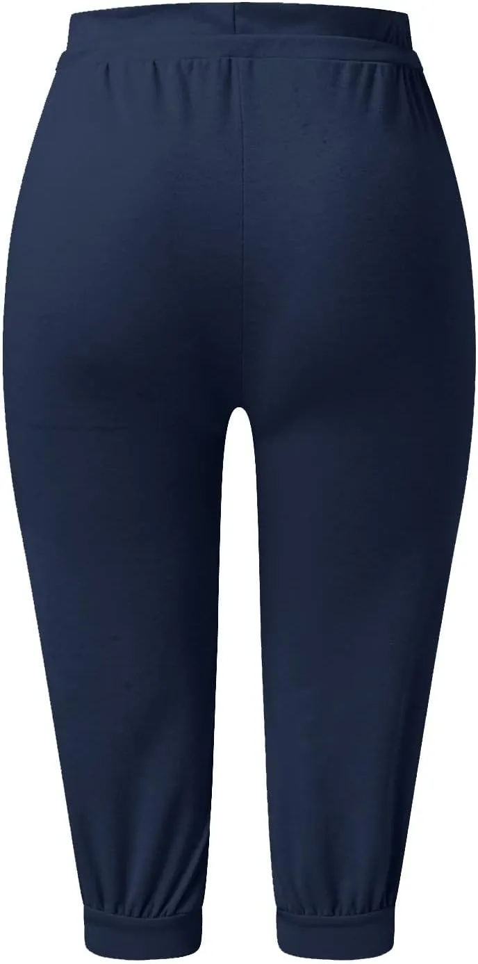 Capri Pants for Women Summer Casual Stretchy Low Rise Yoga Legging Slim Fitting Drawstring Joggers with Pockets