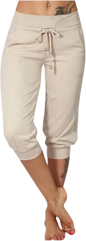 Capri Pants for Women Summer Casual Stretchy Low Rise Yoga Legging Slim Fitting Drawstring Joggers with Pockets