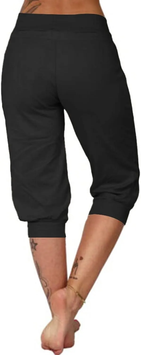 Capri Pants for Women Summer Casual Stretchy Low Rise Yoga Legging Slim Fitting Drawstring Joggers with Pockets