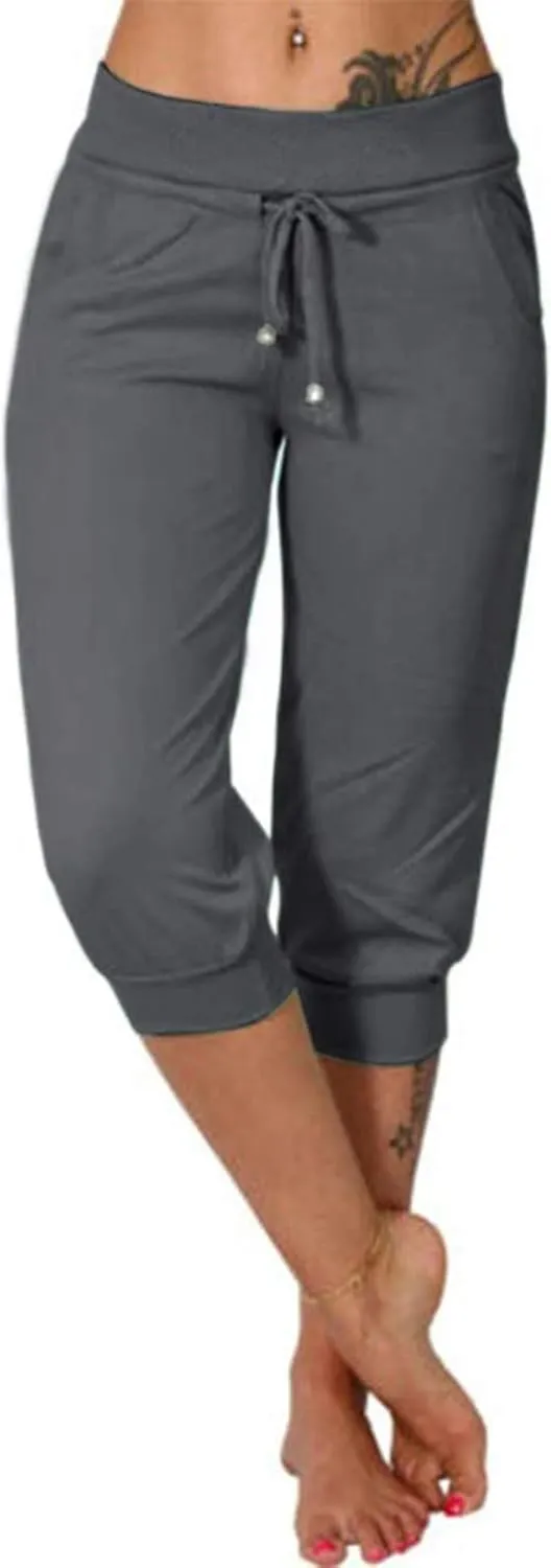 Capri Pants for Women Summer Casual Stretchy Low Rise Yoga Legging Slim Fitting Drawstring Joggers with Pockets