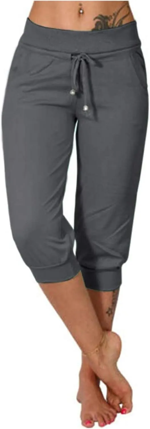 Capri Pants for Women Summer Casual Stretchy Low Rise Yoga Legging Slim Fitting Drawstring Joggers with Pockets