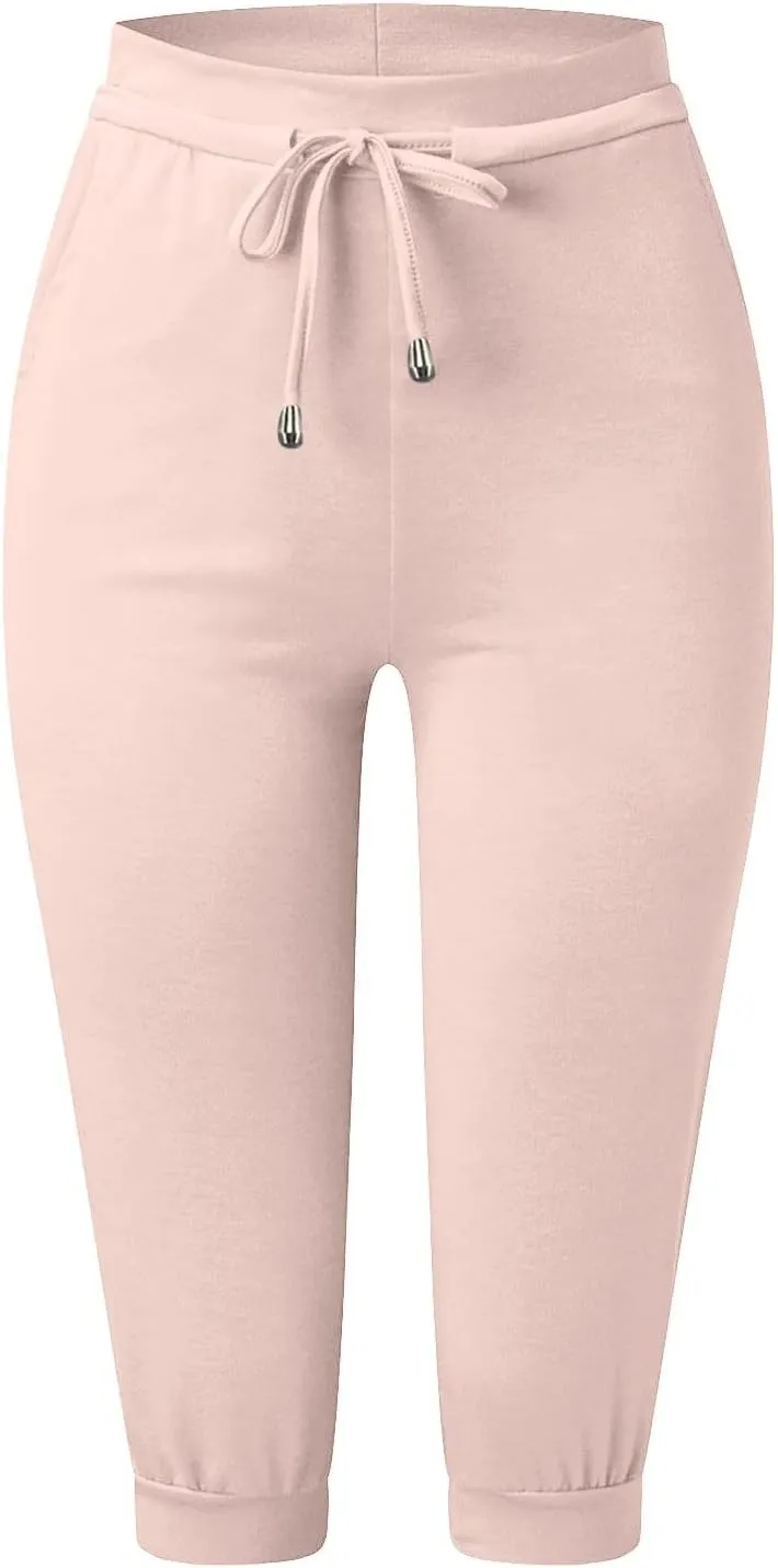 Capri Pants for Women Summer Casual Stretchy Low Rise Yoga Legging Slim Fitting Drawstring Joggers with Pockets