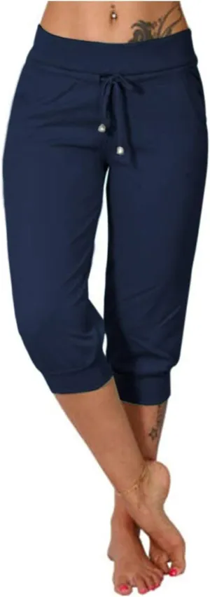 Capri Pants for Women Summer Casual Stretchy Low Rise Yoga Legging Slim Fitting Drawstring Joggers with Pockets