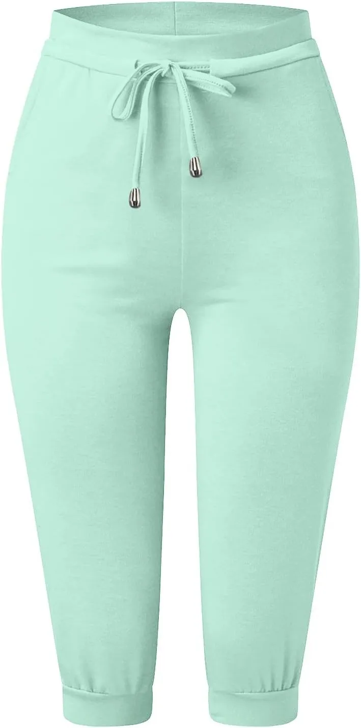 Capri Pants for Women Summer Casual Stretchy Low Rise Yoga Legging Slim Fitting Drawstring Joggers with Pockets