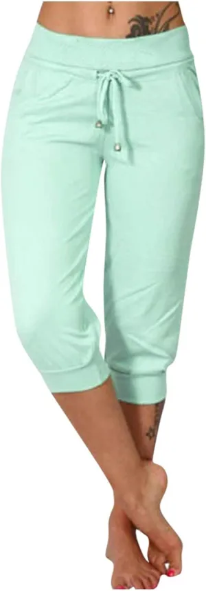Capri Pants for Women Summer Casual Stretchy Low Rise Yoga Legging Slim Fitting Drawstring Joggers with Pockets