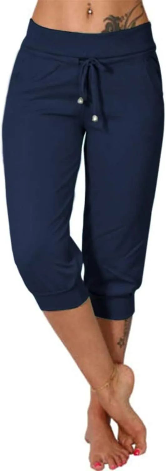 Capri Pants for Women Summer Casual Stretchy Low Rise Yoga Legging Slim Fitting Drawstring Joggers with Pockets