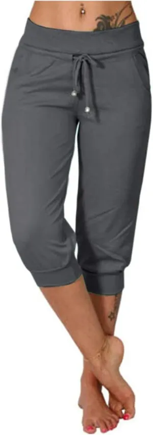 Capri Pants for Women Summer Casual Stretchy Low Rise Yoga Legging Slim Fitting Drawstring Joggers with Pockets