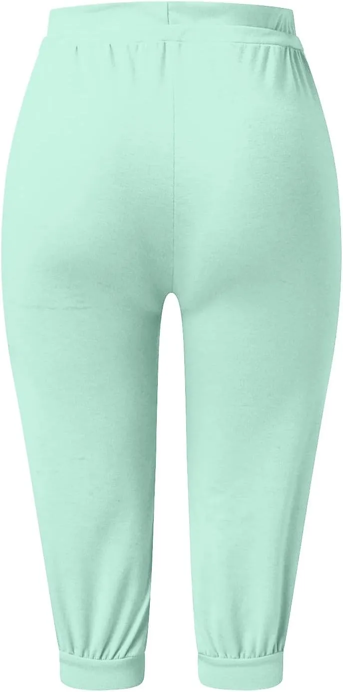Capri Pants for Women Summer Casual Stretchy Low Rise Yoga Legging Slim Fitting Drawstring Joggers with Pockets