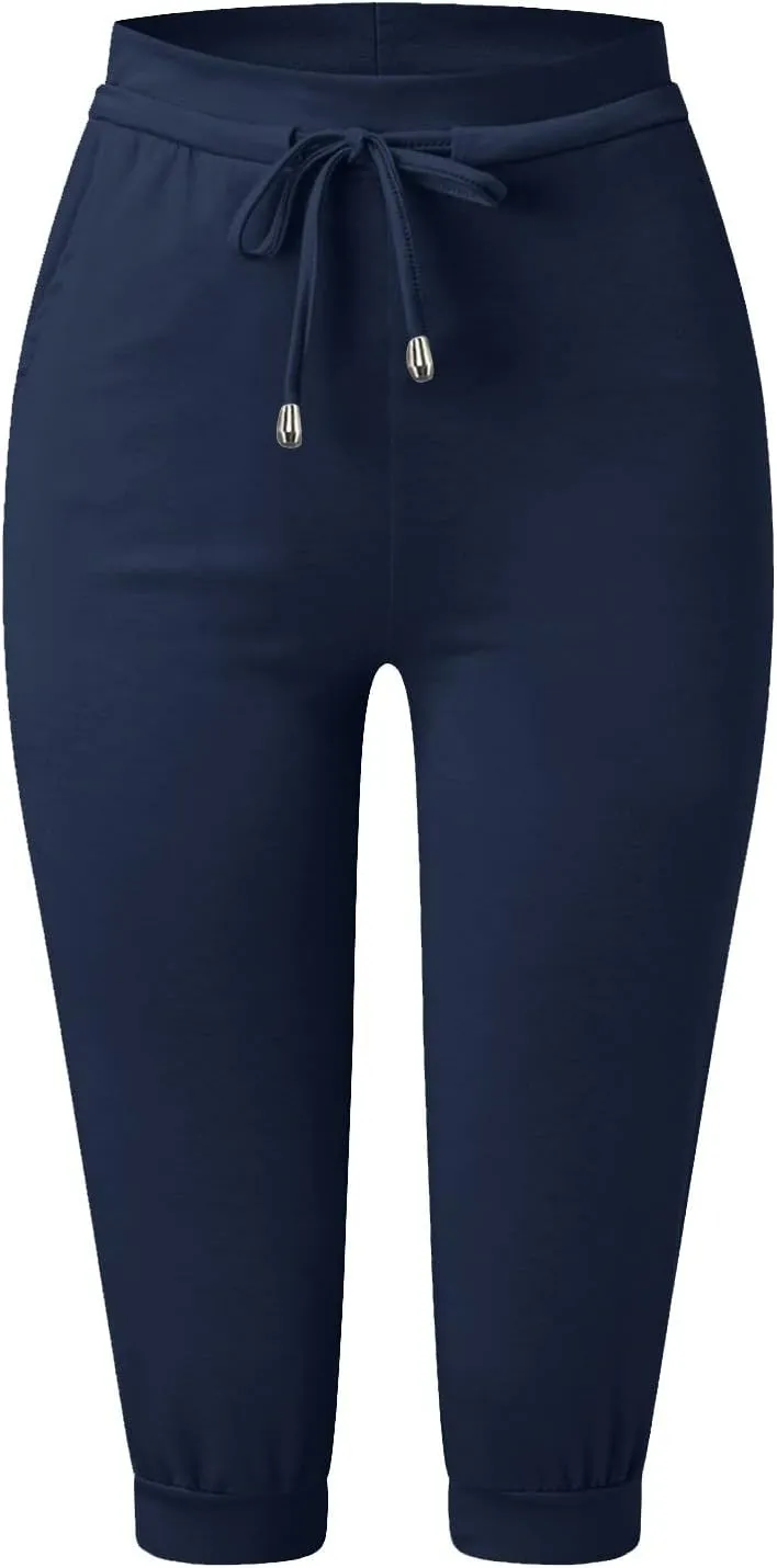Capri Pants for Women Summer Casual Stretchy Low Rise Yoga Legging Slim Fitting Drawstring Joggers with Pockets
