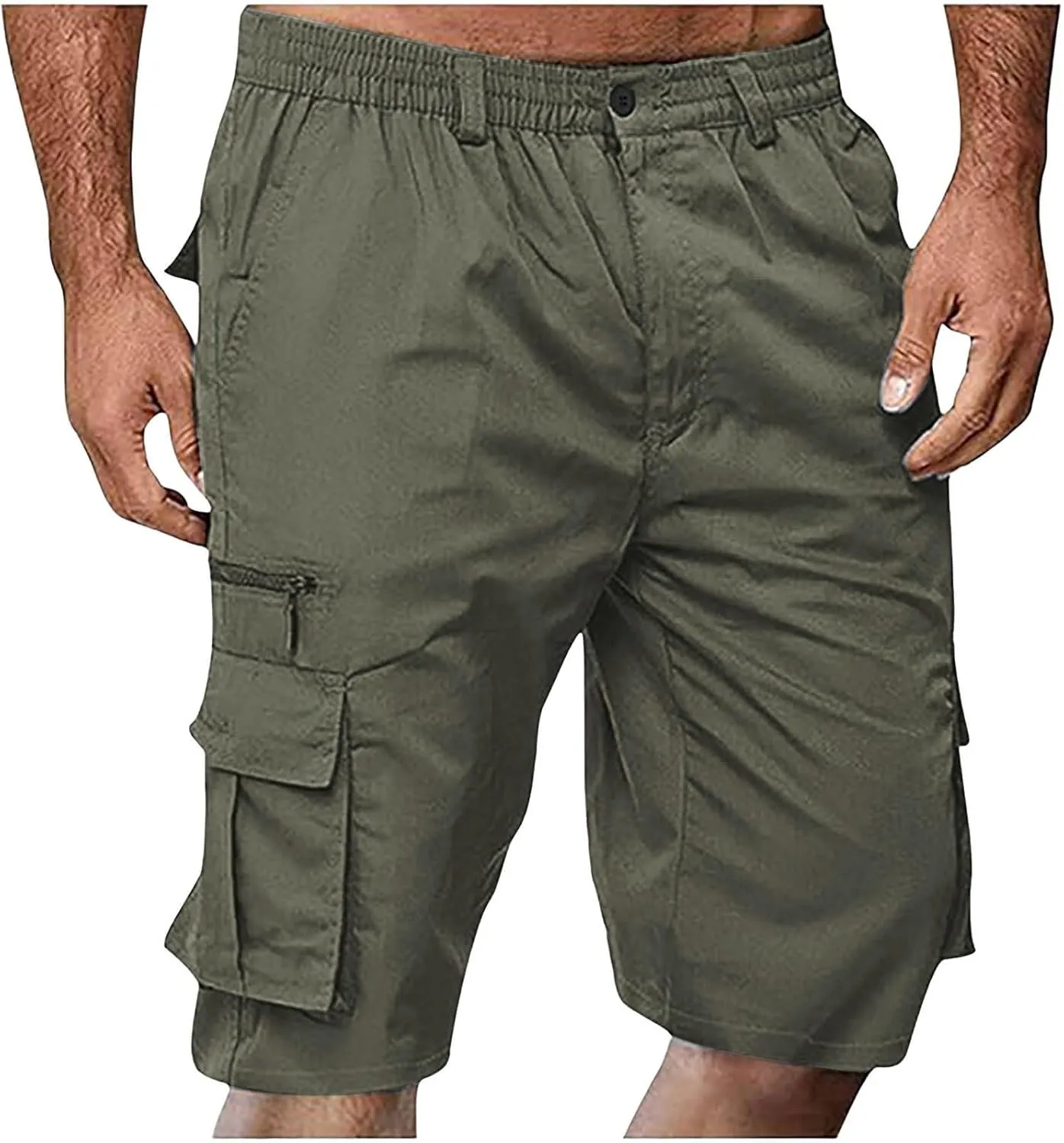 Cargo Shorts for Men Elastic Waist Zipper Relaxed Stretch Lightweight Work Shorts Multi-Pocket Button Summer Tactical Pants