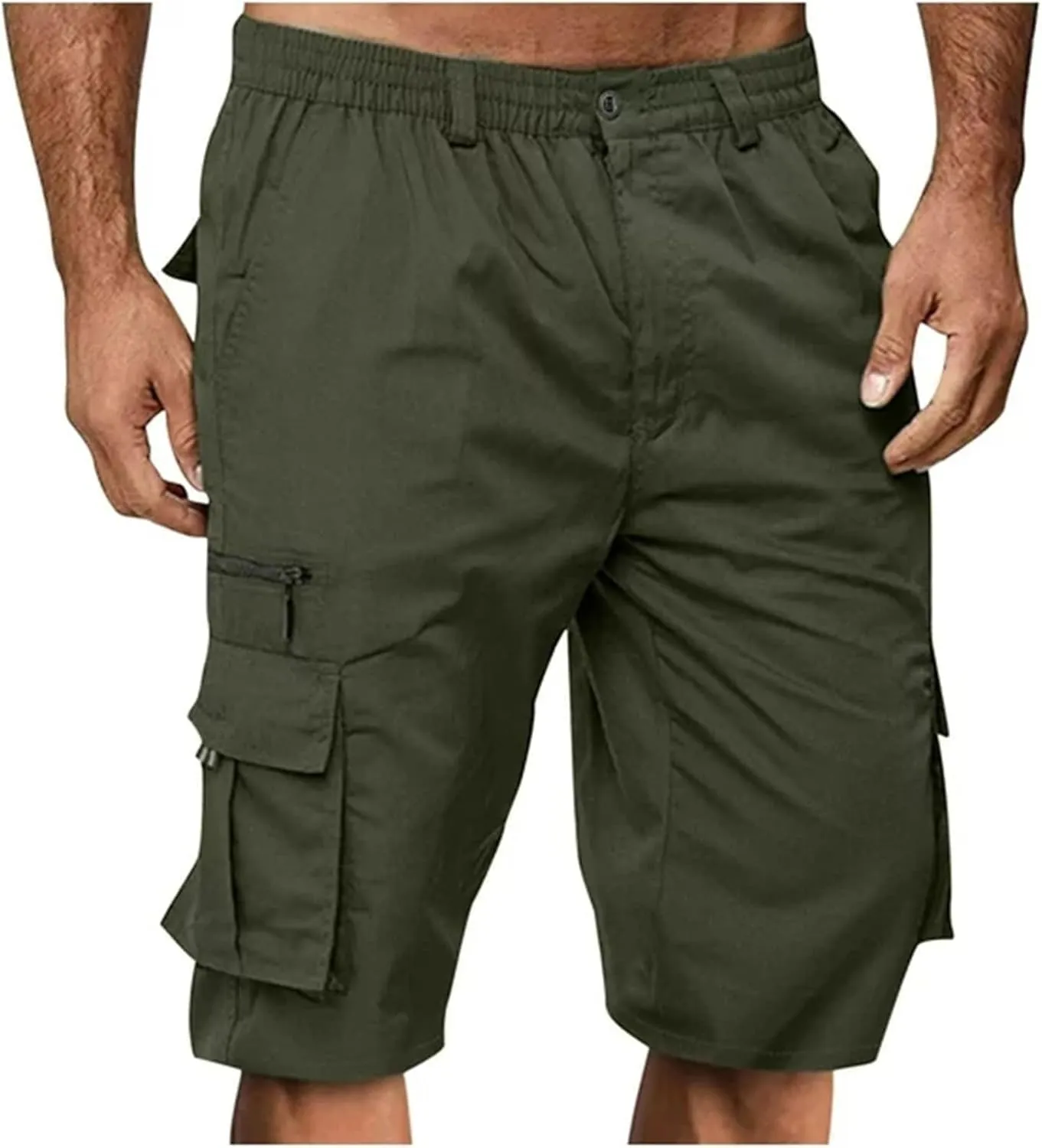 Cargo Shorts for Men Elastic Waist Zipper Relaxed Stretch Lightweight Work Shorts Multi-Pocket Button Summer Tactical Pants