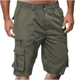 Cargo Shorts for Men Elastic Waist Zipper Relaxed Stretch Lightweight Work Shorts Multi-Pocket Button Summer Tactical Pants