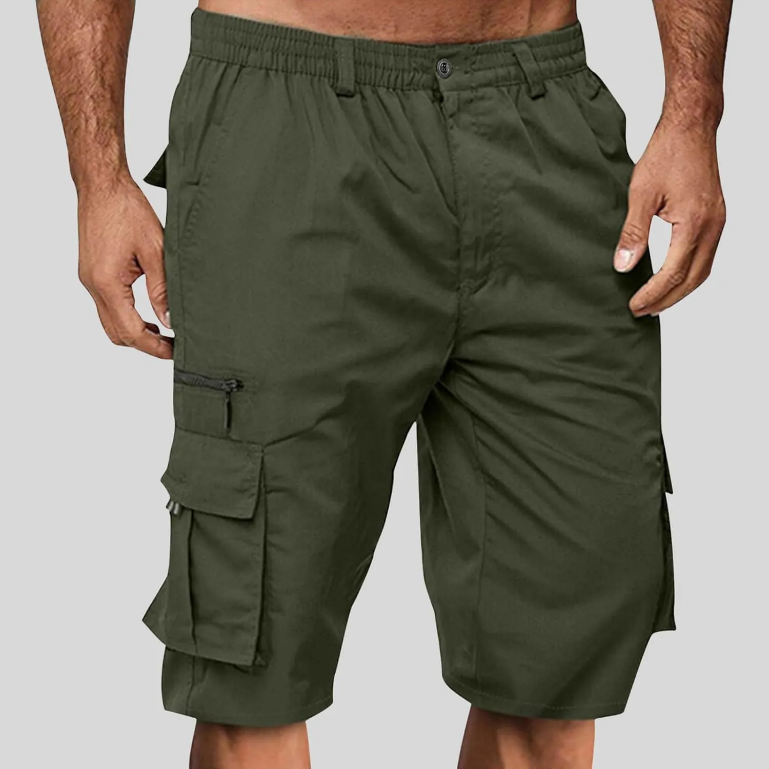 Cargo Shorts for Men Elastic Waist Zipper Relaxed Stretch Lightweight Work Shorts Multi-Pocket Button Summer Tactical Pants