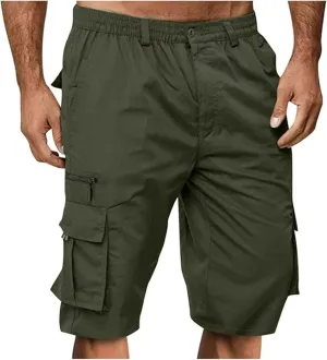 Cargo Shorts for Men Elastic Waist Zipper Relaxed Stretch Lightweight Work Shorts Multi-Pocket Button Summer Tactical Pants