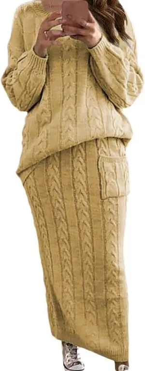 CHARTOU Women's Winter Chunky Cable Knit Long Skirt 2 Piece Outfit Sweater Sets