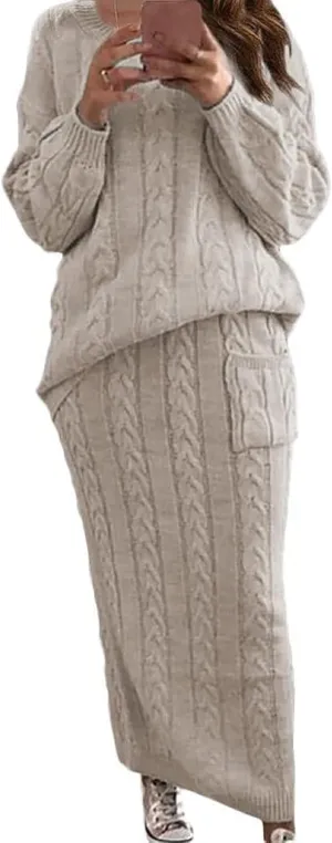 CHARTOU Women's Winter Chunky Cable Knit Long Skirt 2 Piece Outfit Sweater Sets