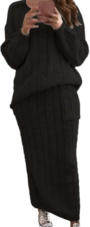 CHARTOU Women's Winter Chunky Cable Knit Long Skirt 2 Piece Outfit Sweater Sets