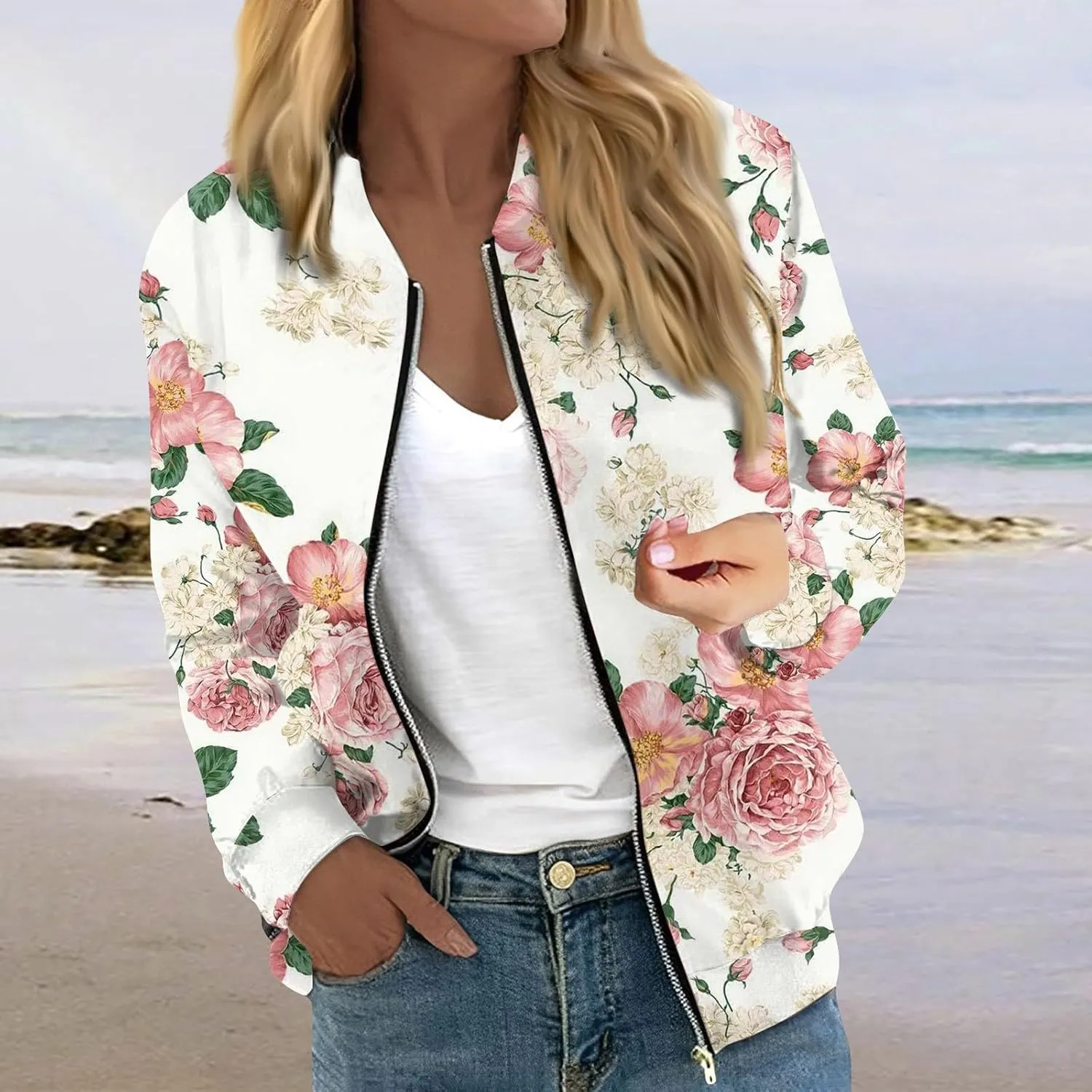 ChicCrate Bomber Jacket Women 2025 Long Sleeve Stand Collar Fall Jackets Lightweight Causal Floral Zip Up Coats