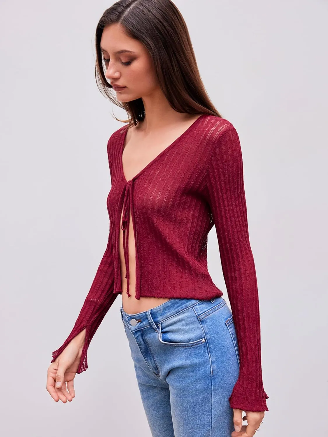 CIDER Cardigans for Women Trendy Bow Tie Front V Neck Long Sleeve Lightweight Shrug Sweater Ribbed Knit Crochet Cardigans