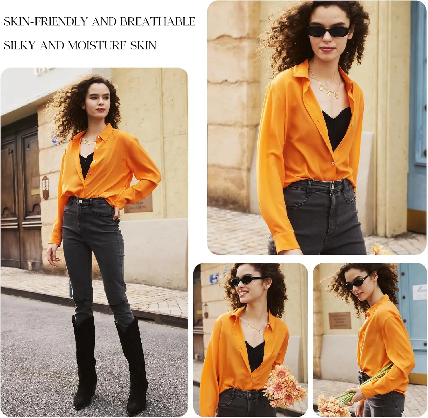 COLD POSH 100% Pure Silk Blouses for Women Long Sleeve: Women's Button-Down Elegant Shirts Lapel Luxurious Casual Blouse