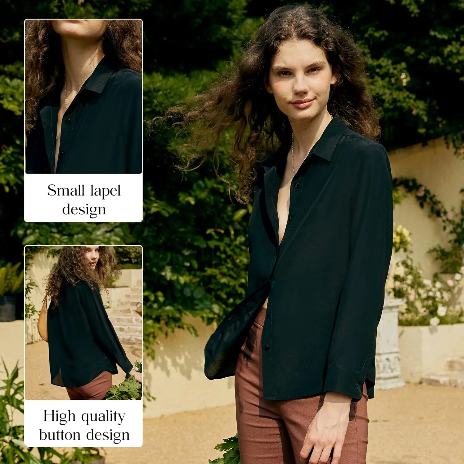 COLD POSH 100% Pure Silk Blouses for Women Long Sleeve: Women's Button-Down Elegant Shirts Lapel Luxurious Casual Blouse