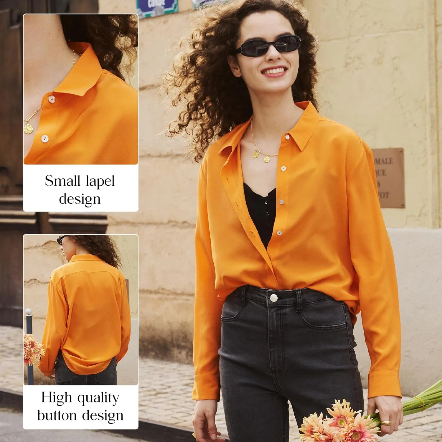 COLD POSH 100% Pure Silk Blouses for Women Long Sleeve: Women's Button-Down Elegant Shirts Lapel Luxurious Casual Blouse