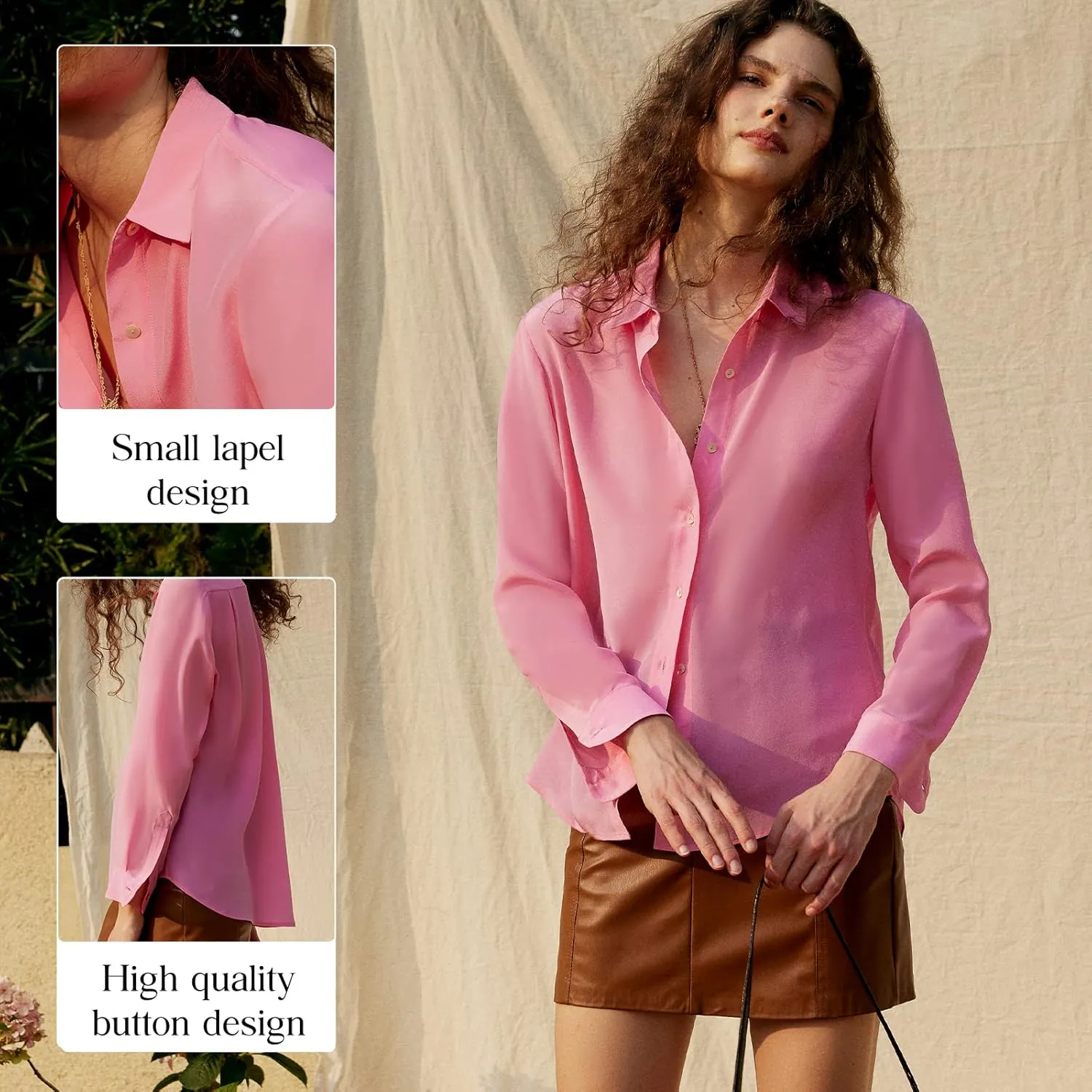 COLD POSH 100% Pure Silk Blouses for Women Long Sleeve: Women's Button-Down Elegant Shirts Lapel Luxurious Casual Blouse