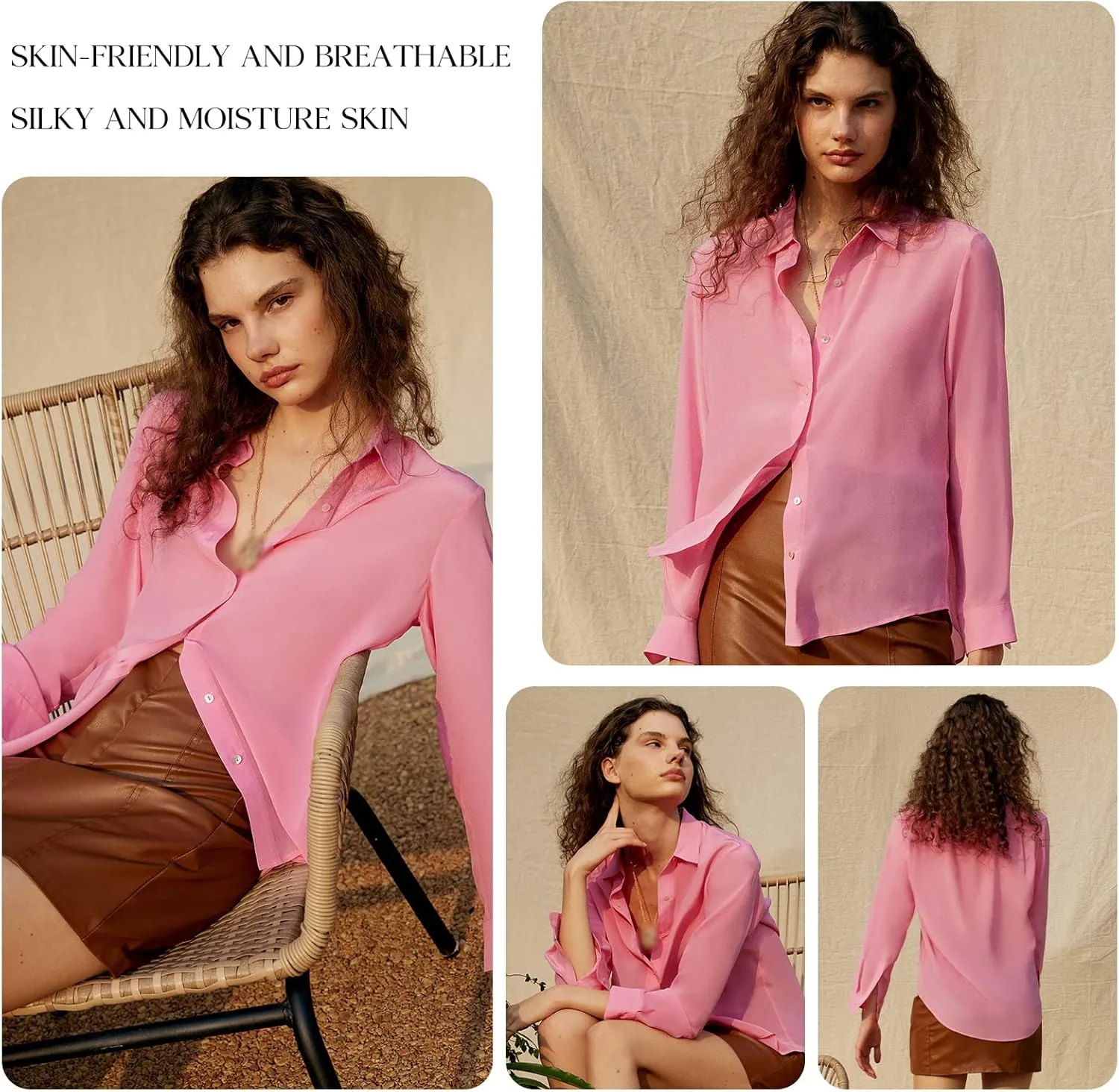 COLD POSH 100% Pure Silk Blouses for Women Long Sleeve: Women's Button-Down Elegant Shirts Lapel Luxurious Casual Blouse