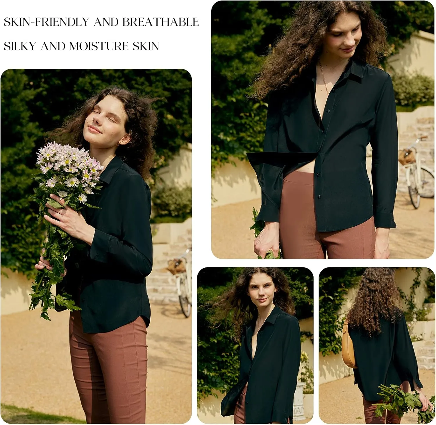 COLD POSH 100% Pure Silk Blouses for Women Long Sleeve: Women's Button-Down Elegant Shirts Lapel Luxurious Casual Blouse