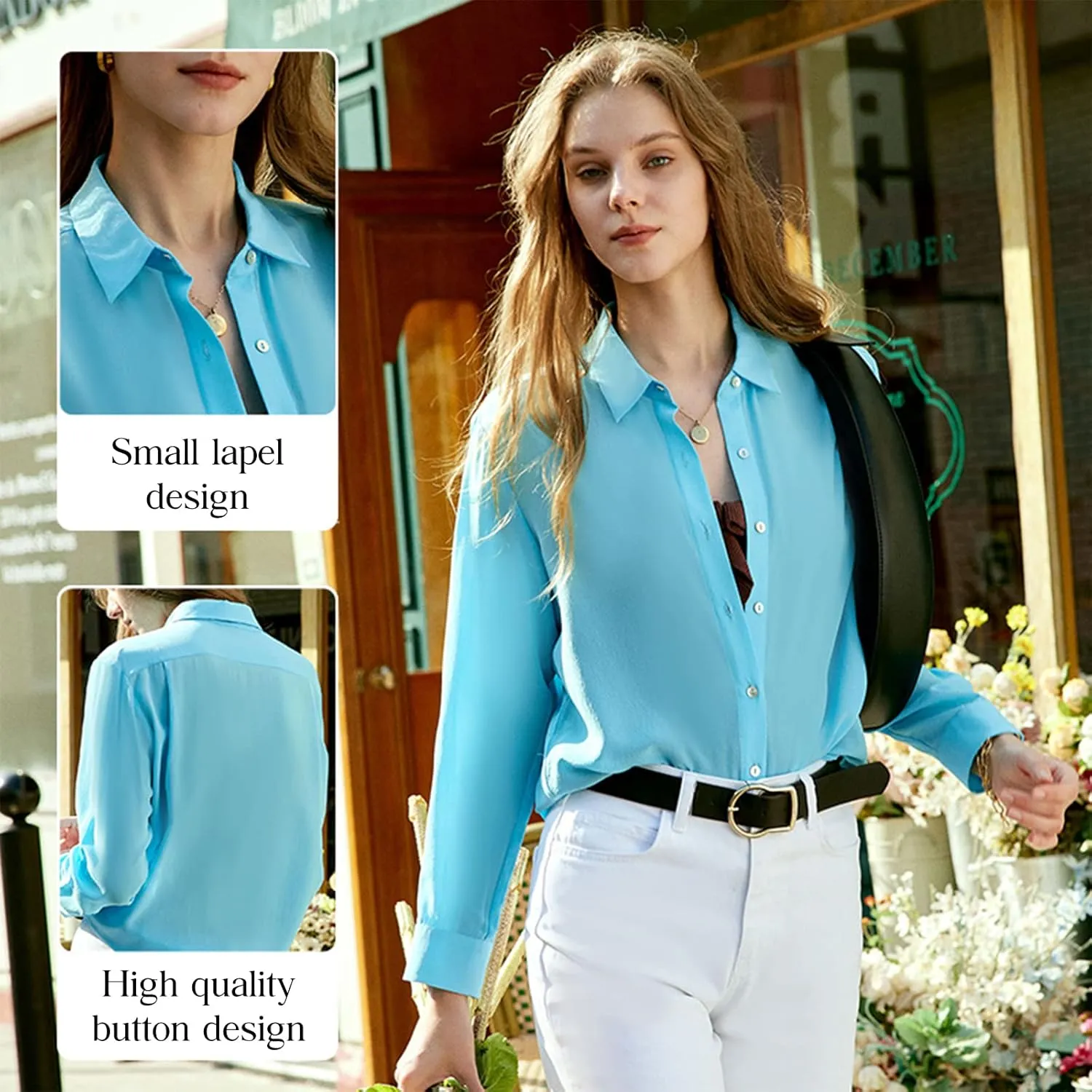 COLD POSH 100% Pure Silk Blouses for Women Long Sleeve: Women's Button-Down Elegant Shirts Lapel Luxurious Casual Blouse