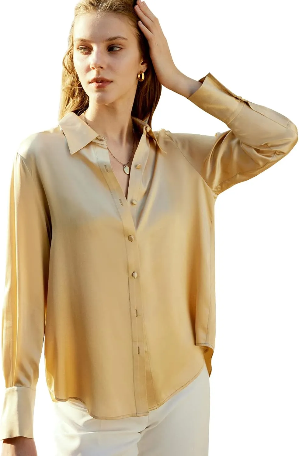 COLD POSH Silk Blouses for Women Long Sleeve Women’s 100% Pure Silk Blouses Elegant Button Down Shirt Smooth Tops Cool Shirts