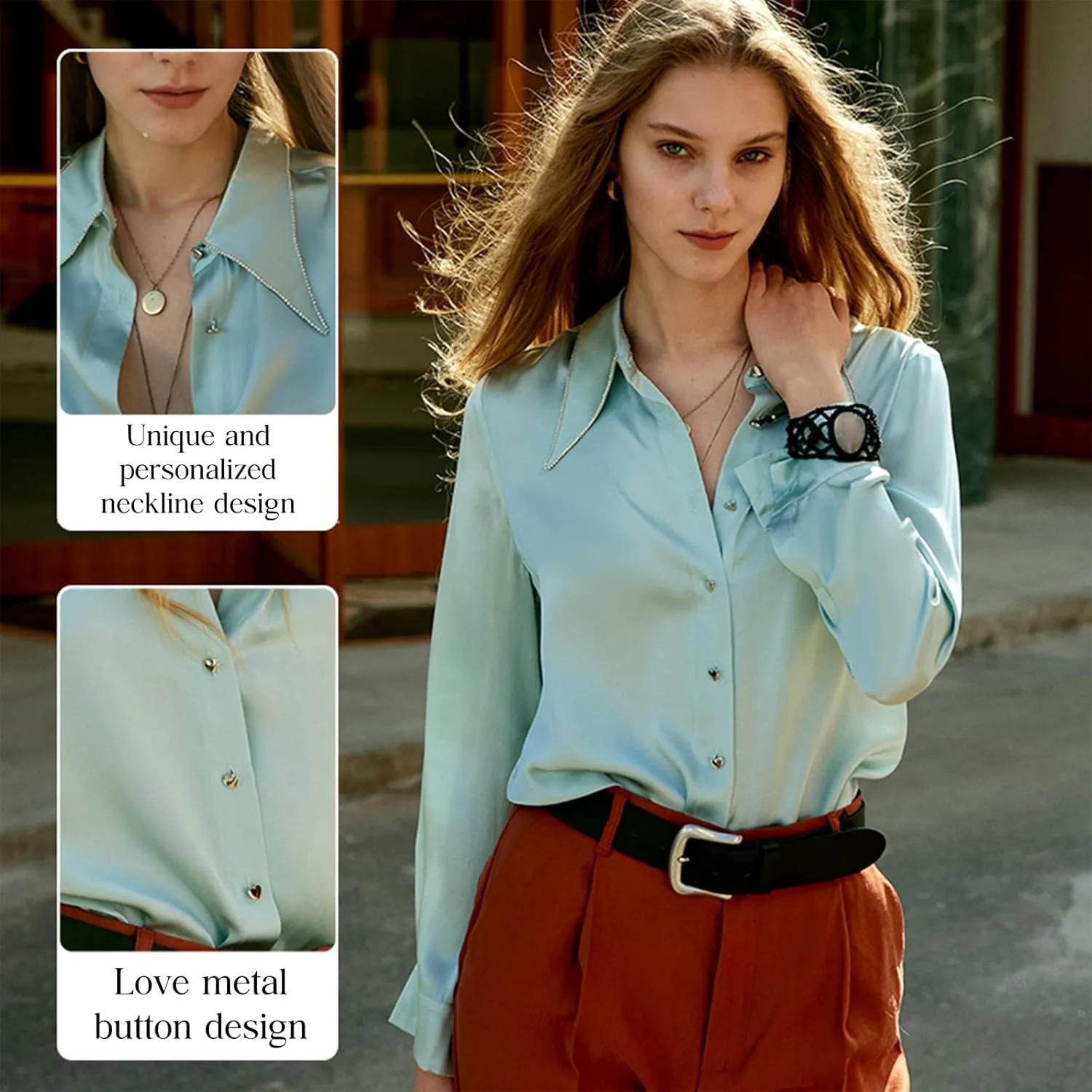 COLD POSH Silk Blouses for Women Long Sleeve Women’s 100% Pure Silk Blouses Elegant Button Down Shirt Smooth Tops Cool Shirts