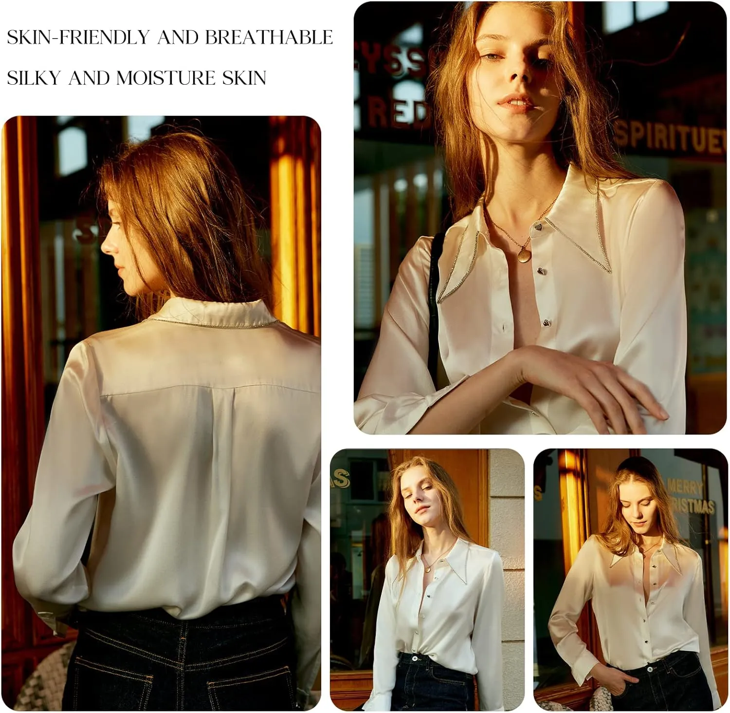 COLD POSH Silk Blouses for Women Long Sleeve Women’s 100% Pure Silk Blouses Elegant Button Down Shirt Smooth Tops Cool Shirts