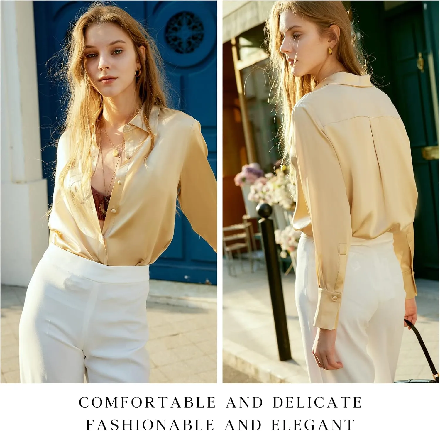 COLD POSH Silk Blouses for Women Long Sleeve Women’s 100% Pure Silk Blouses Elegant Button Down Shirt Smooth Tops Cool Shirts