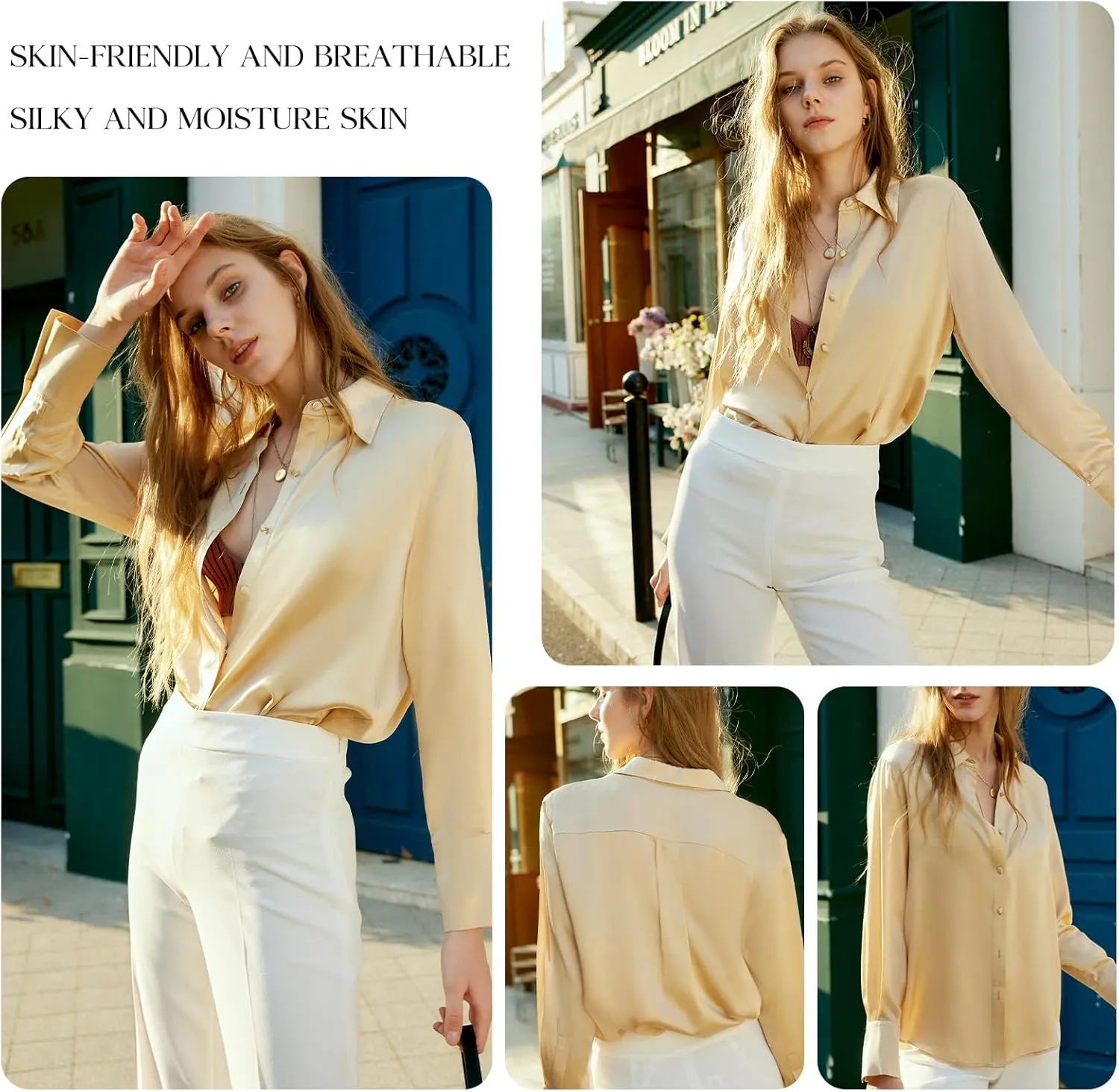 COLD POSH Silk Blouses for Women Long Sleeve Women’s 100% Pure Silk Blouses Elegant Button Down Shirt Smooth Tops Cool Shirts