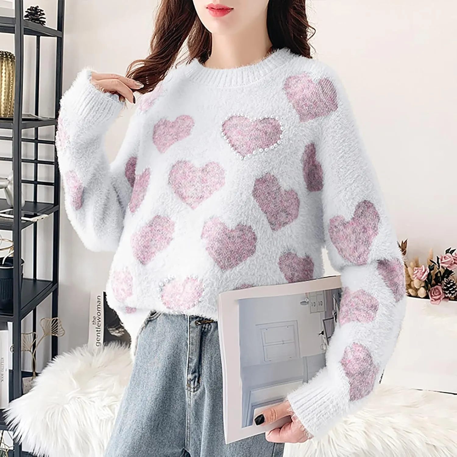 cooki Heart Sweater for Women Valentines Sweater Women Cute Heart Print Chunky Crew Neck Knitted Pullover Sweaters Casual