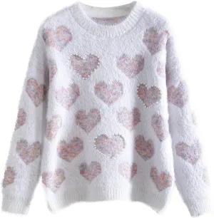 cooki Heart Sweater for Women Valentines Sweater Women Cute Heart Print Chunky Crew Neck Knitted Pullover Sweaters Casual