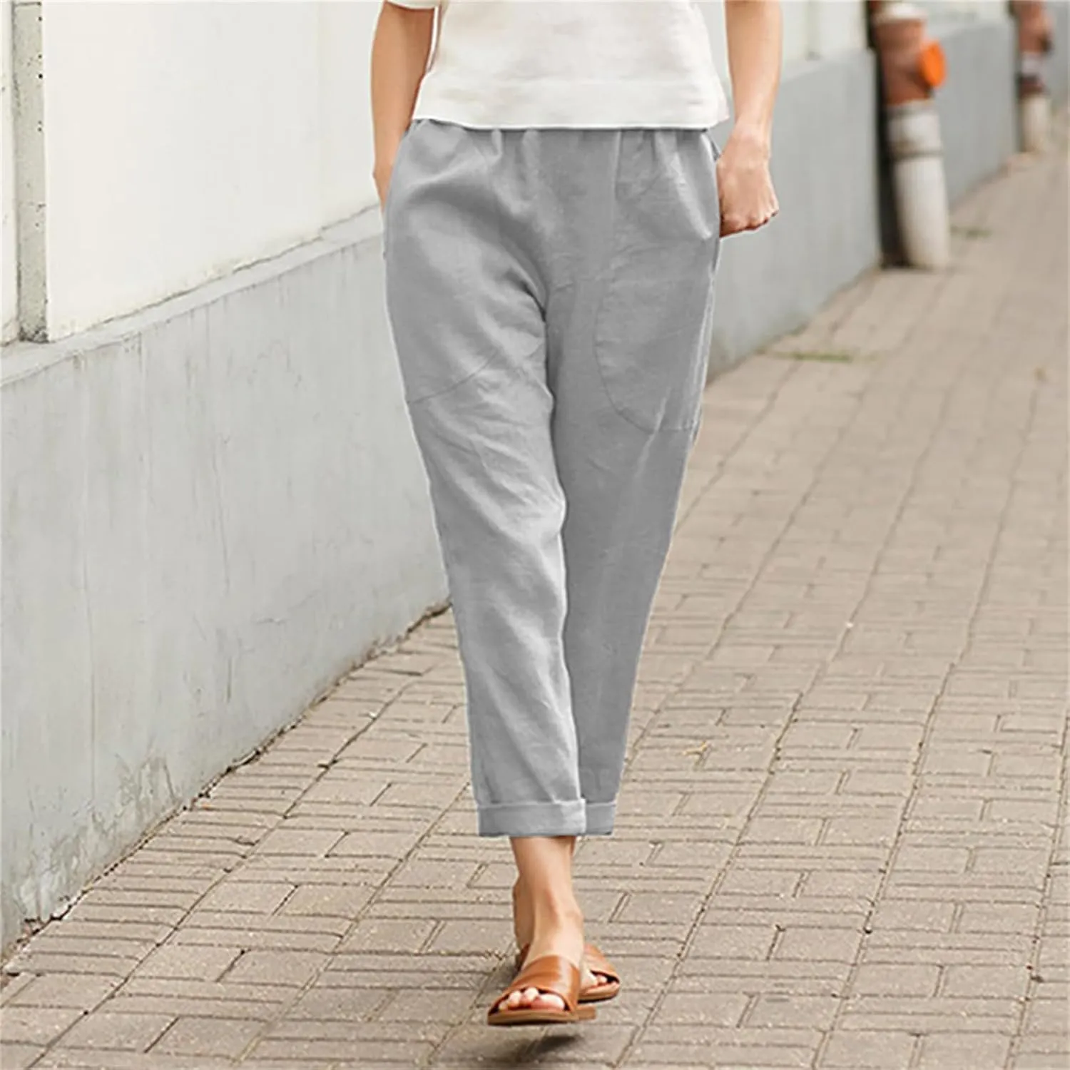 Cotton Linen Pants for Women Casual Straight Leg Comfy Loose Pant Lounge Lightweight Elastic Waist Relaxed Trousers