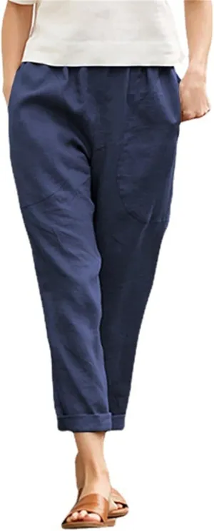 Cotton Linen Pants for Women Casual Straight Leg Comfy Loose Pant Lounge Lightweight Elastic Waist Relaxed Trousers