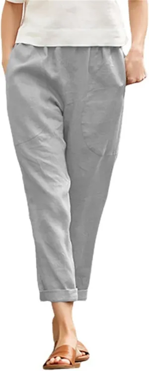 Cotton Linen Pants for Women Casual Straight Leg Comfy Loose Pant Lounge Lightweight Elastic Waist Relaxed Trousers