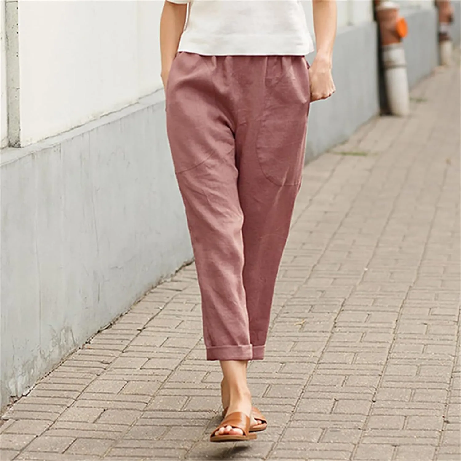 Cotton Linen Pants for Women Casual Straight Leg Comfy Loose Pant Lounge Lightweight Elastic Waist Relaxed Trousers