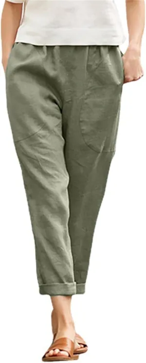 Cotton Linen Pants for Women Casual Straight Leg Comfy Loose Pant Lounge Lightweight Elastic Waist Relaxed Trousers