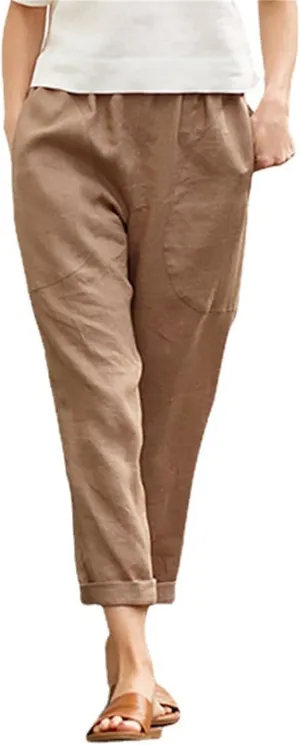 Cotton Linen Pants for Women Casual Straight Leg Comfy Loose Pant Lounge Lightweight Elastic Waist Relaxed Trousers