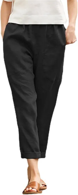 Cotton Linen Pants for Women Casual Straight Leg Comfy Loose Pant Lounge Lightweight Elastic Waist Relaxed Trousers