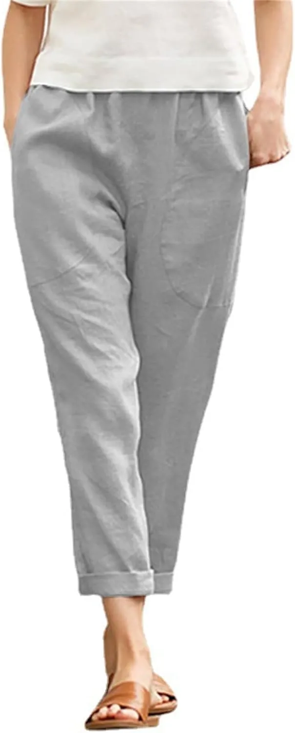 Cotton Linen Pants for Women Casual Straight Leg Comfy Loose Pant Lounge Lightweight Elastic Waist Relaxed Trousers