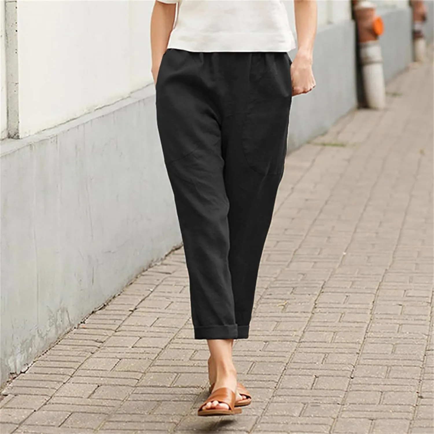 Cotton Linen Pants for Women Casual Straight Leg Comfy Loose Pant Lounge Lightweight Elastic Waist Relaxed Trousers