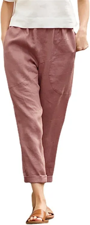Cotton Linen Pants for Women Casual Straight Leg Comfy Loose Pant Lounge Lightweight Elastic Waist Relaxed Trousers